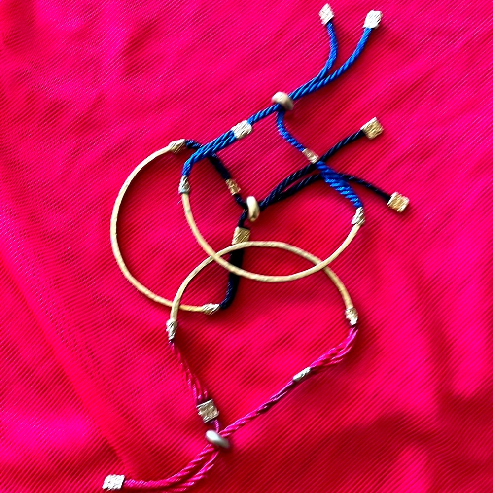 Copper bracelets set of 3 with red, black and blue adjustable ties